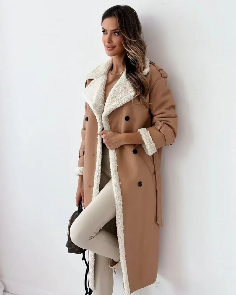 Women’s PU Leather Plush Double-Breasted Trench Coat with Stand Collar
