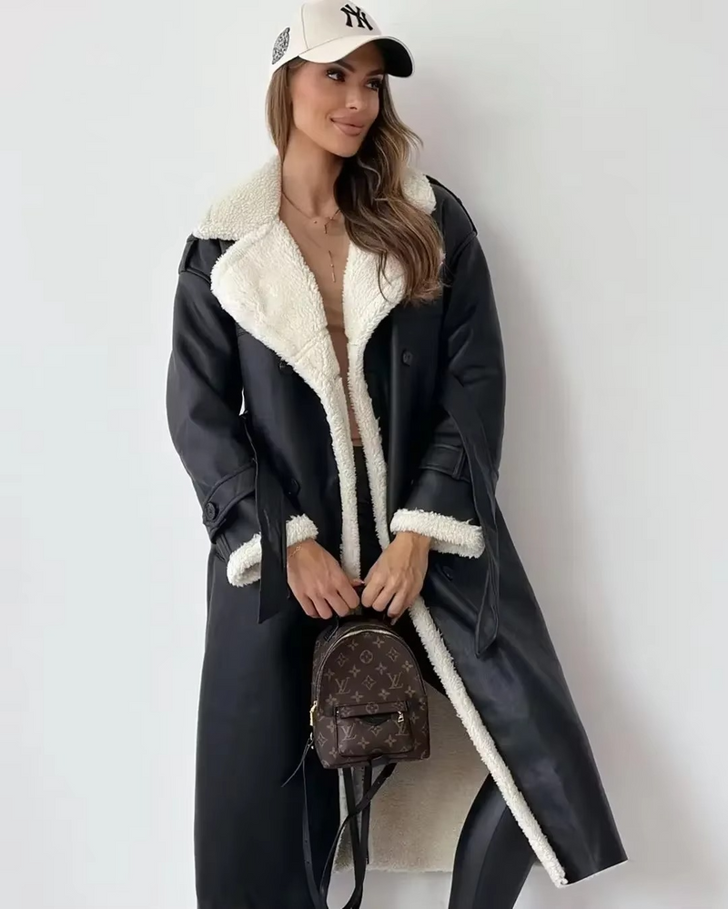 Women’s PU Leather Plush Double-Breasted Trench Coat with Stand Collar