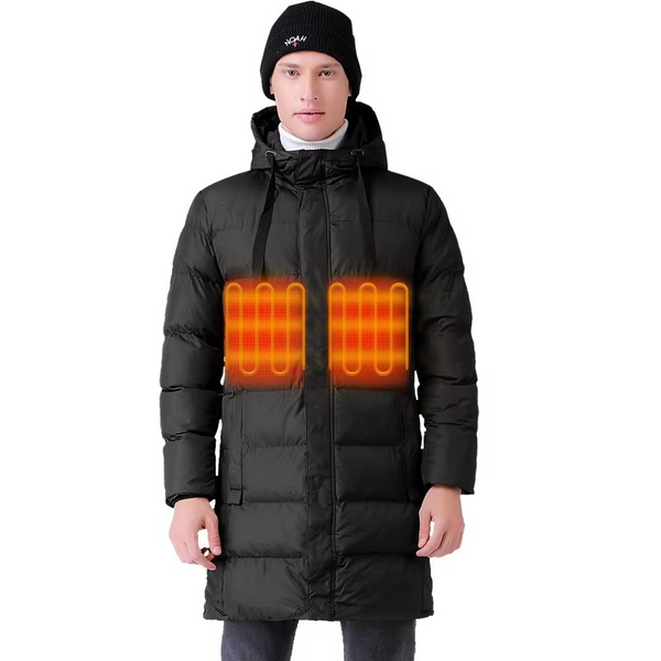 Long Hooded Heated Down Coat with USB Warming Technology