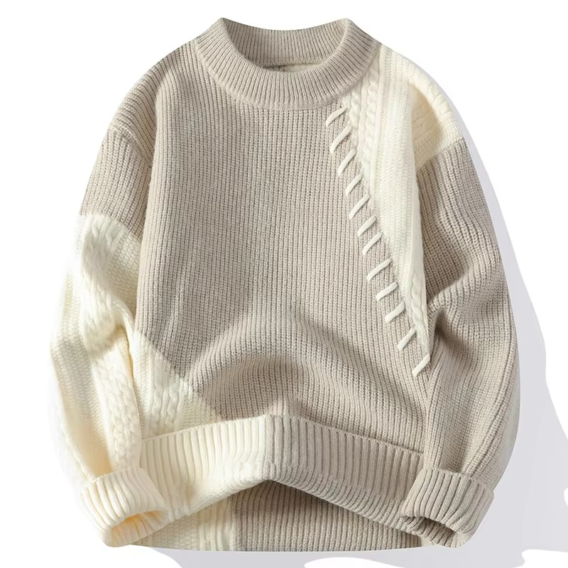 Men's Autumn Winter Patchwork Knit Sweater O Neck Casual Pullover