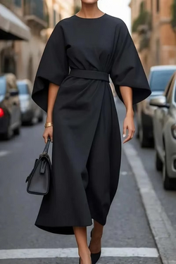 Elegant Solid Color Bat Sleeve Dress with Defined Waist