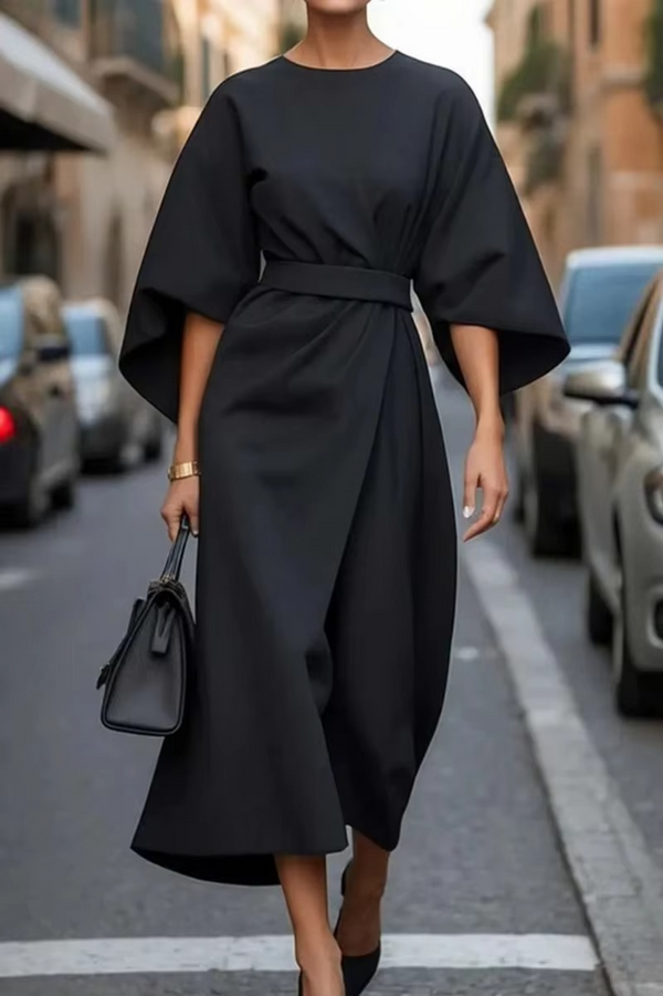 Elegant Solid Color Bat Sleeve Dress with Defined Waist