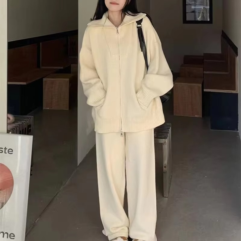 Women’s Knit Two Piece Pant Set with Zipper Sweater Coat and Wide Leg Pants