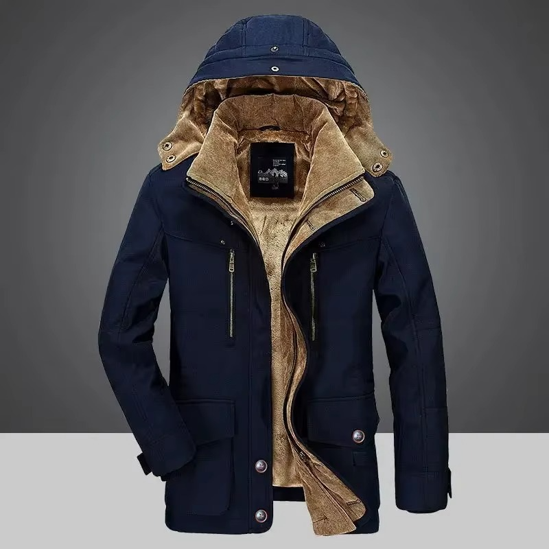 Men's Winter Parka Jacket with Thick Fleece Lining and Multi-Pocket Design