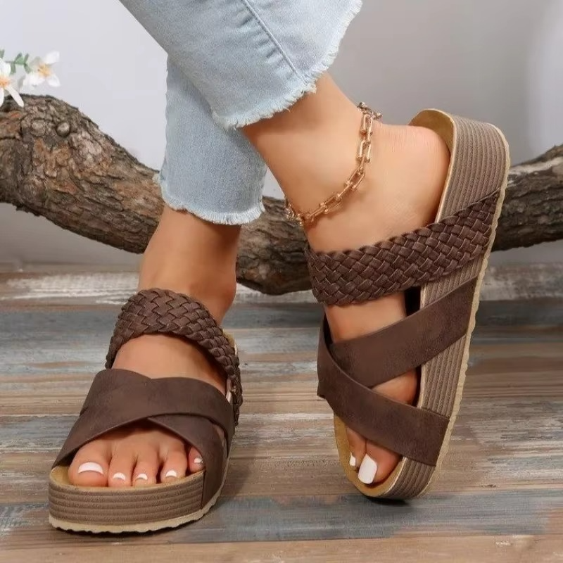 Women’s Summer Sandals - Open Toe Crossover Slip-On Platform Flats up to Size 12