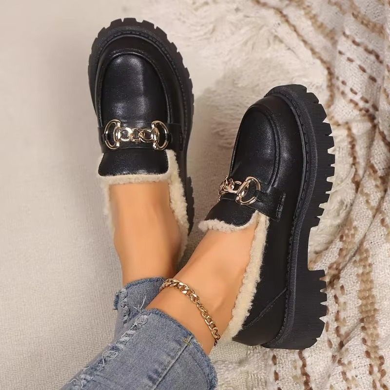 Women’s Plus Size Suede Leather Loafers, Warm Winter Casual Walking Shoes in Black