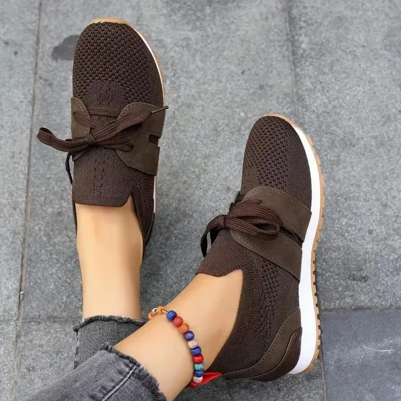Womens Brown Knit Breathable Platform Sneakers Casual Non Slip Flats Plus Size