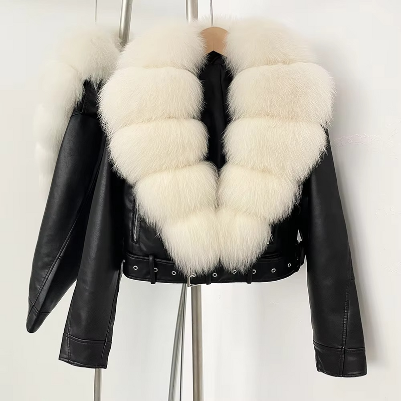 Women's Sheepskin Leather Coat with Real Fox Fur Collar — Warm Slim Fit Winter Jacket