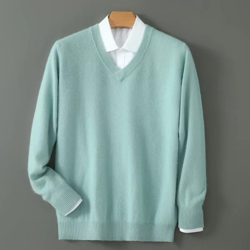 Men's Winter Cashmere Blend V Neck Sweater, Warm Knitted Pullover, Loose Fit Plus Size