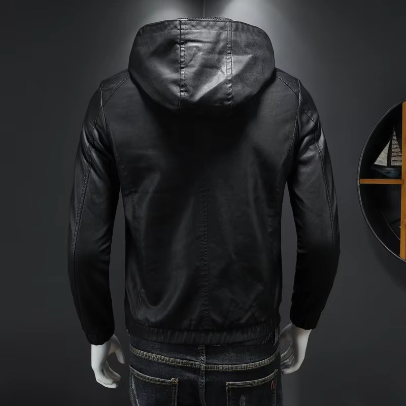 Men's Hooded PU Leather Jacket Black Motorcycle Style Casual Streetwear Outerwear