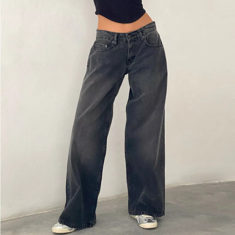 Retro Washed Mid Waisted Straight Leg Jeans for Women