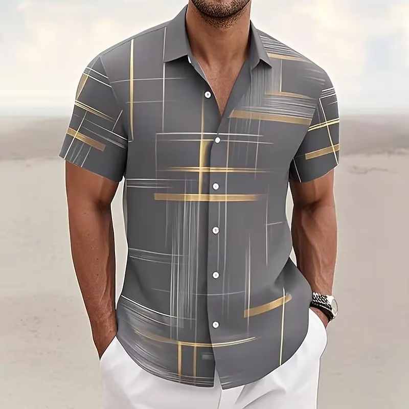 Men's 3D Geometric Plaid Short Sleeve Button Shirt