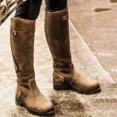 Women's PU Leather Retro Buckle Boots with Zipper and Round Toe