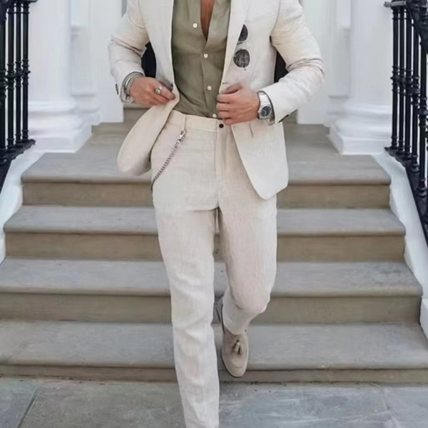 Men's Linen 2-Piece Blazer and Pants Suit Set for Weddings, Beach Parties, and Summer Events