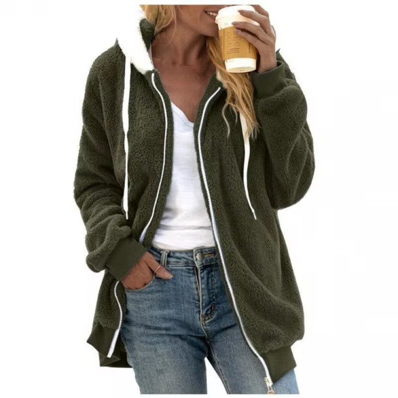 Cozy Autumn Women’s Fleece Zip-Up Hooded Sweatshirt with Tie Collar