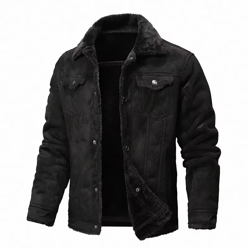 Men's Winter Suede Leather Coat with Thick Fleece Lining and Turn Down Collar