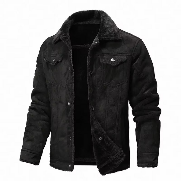Men's Suede Leather Winter Coat with Thick Fleece Lining and Turn Down Collar