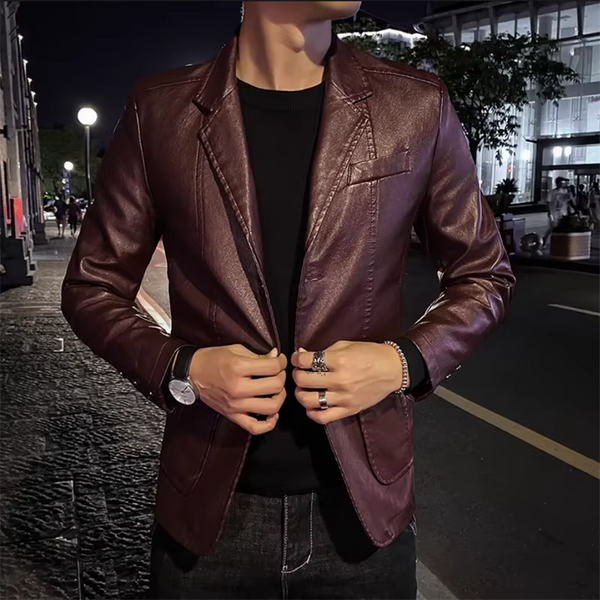 Men's Business Casual Leather Jacket with Suit Collar – Slim Fit, Black or Khaki, Sizes up to 5XL