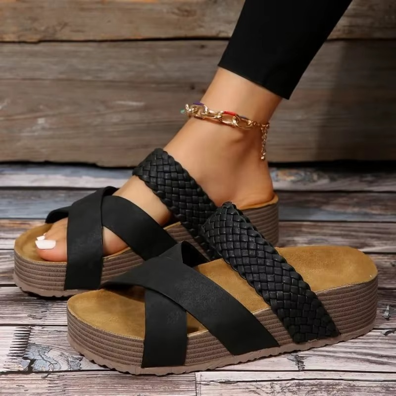 Women’s Summer Sandals - Open Toe Crossover Slip-On Platform Flats up to Size 12