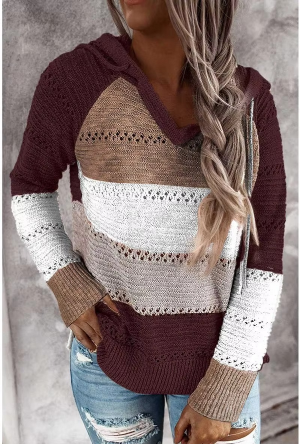 Cozy Patchwork Hooded Sweater for Women, Long Sleeve Striped Knit Pullover