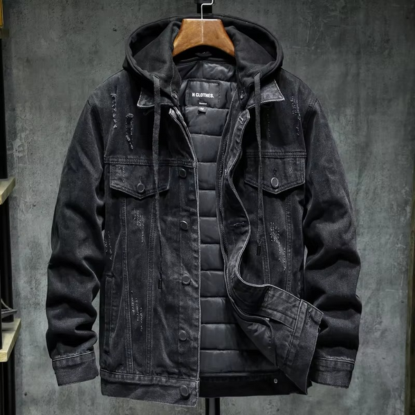 Men's Thick-Lined Black Hooded Denim Jacket, Warm Winter Cotton Outerwear, Plus Size up to 5XL