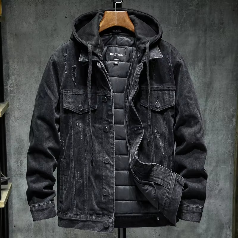 Men's Thick-Lined Black Hooded Denim Jacket, Warm Winter Cotton Outerwear, Plus Size up to 5XL