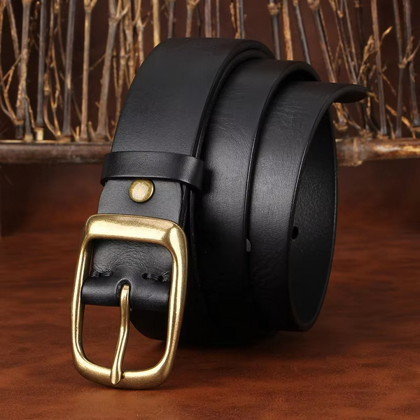 Men's Genuine Leather Belt with Solid Brass Pin Buckle, Vintage Casual Dress Belt