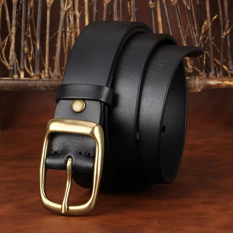 Men's Genuine Leather Belt with Solid Brass Pin Buckle, Vintage Casual Dress Belt