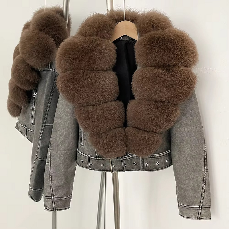 Women's Sheepskin Leather Coat with Real Fox Fur Collar — Warm Slim Fit Winter Jacket