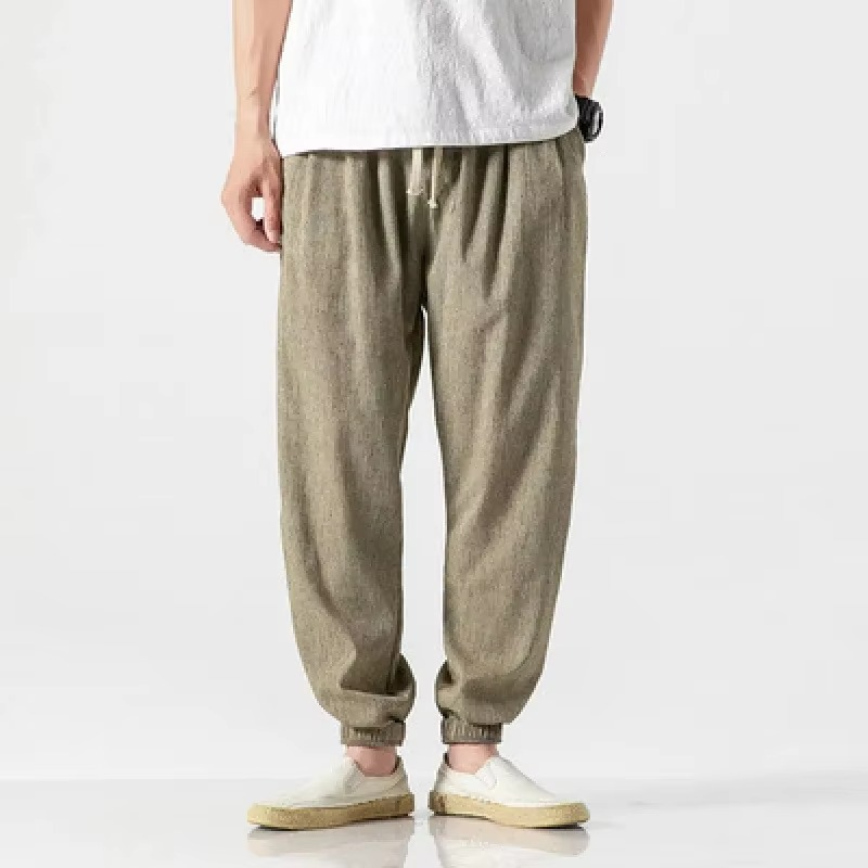 Men's Cotton Linen Casual Pants, Relaxed Fit Harem Trousers with Cuffed Ankle
