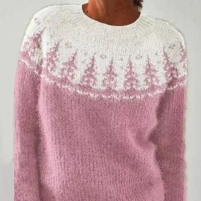 Color Block Loose Fit Women’s Knitwear Top with Round Neck and Full Sleeves