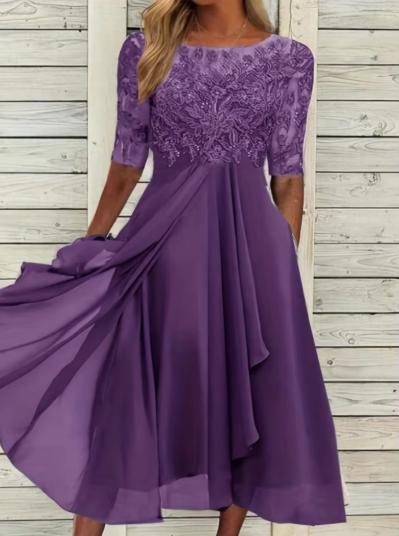 Elegant 2025 Summer Lace Embroidered Chiffon Midi Dress for Women – Formal & Party Wear