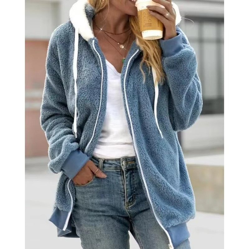 Cozy Autumn Women’s Fleece Zip-Up Hooded Sweatshirt with Tie Collar
