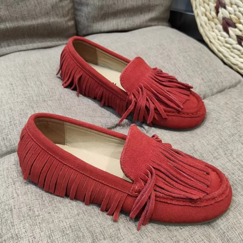 Women's Spring 2024 Mossy Cowhide Tassel Flats