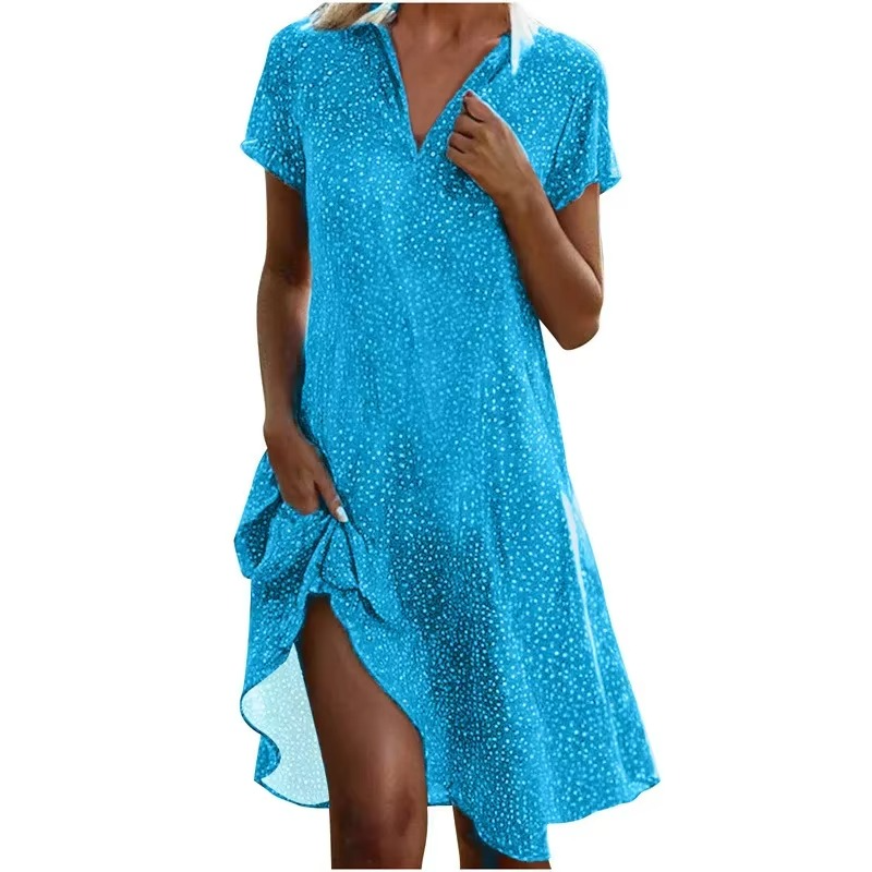 Summer Polka Dot Midi Shirt Dress for Women – Casual Loose Fit with Turn-Down Collar and Short Sleeves