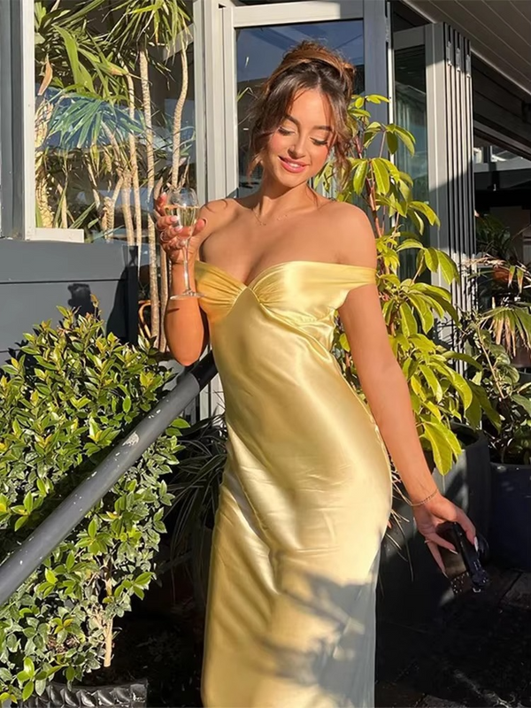 Satin Off Shoulder Backless Evening Maxi Dress For Women