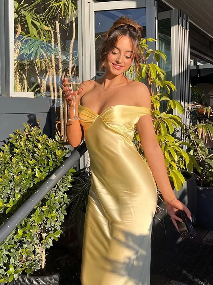 Satin Off Shoulder Backless Evening Maxi Dress For Women