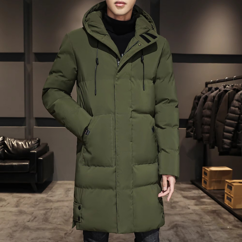 Men's Long Cotton Padded Parka Coat, Warm Lightweight Solid Color Winter Jacket