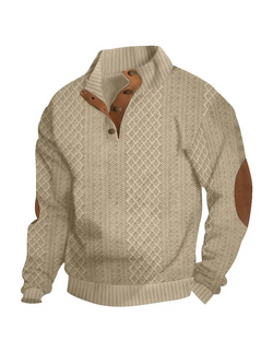 Men's Jacquard Knit Button-Down Sweater with Standing Collar, Long Sleeve