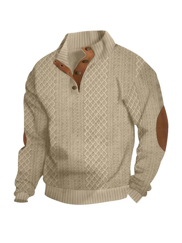 Men's Jacquard Knit Button-Down Sweater with Standing Collar, Long Sleeve