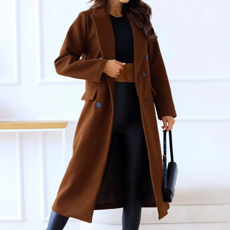 Women's Double Breasted Mid Length Winter Coat with Lapel and Long Sleeves