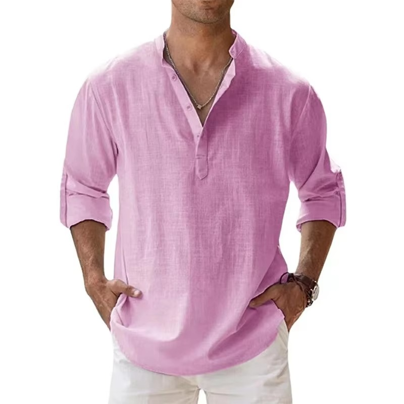 Lightweight Men’s Long Sleeve Cotton Linen Henley Shirt for Casual Beachwear
