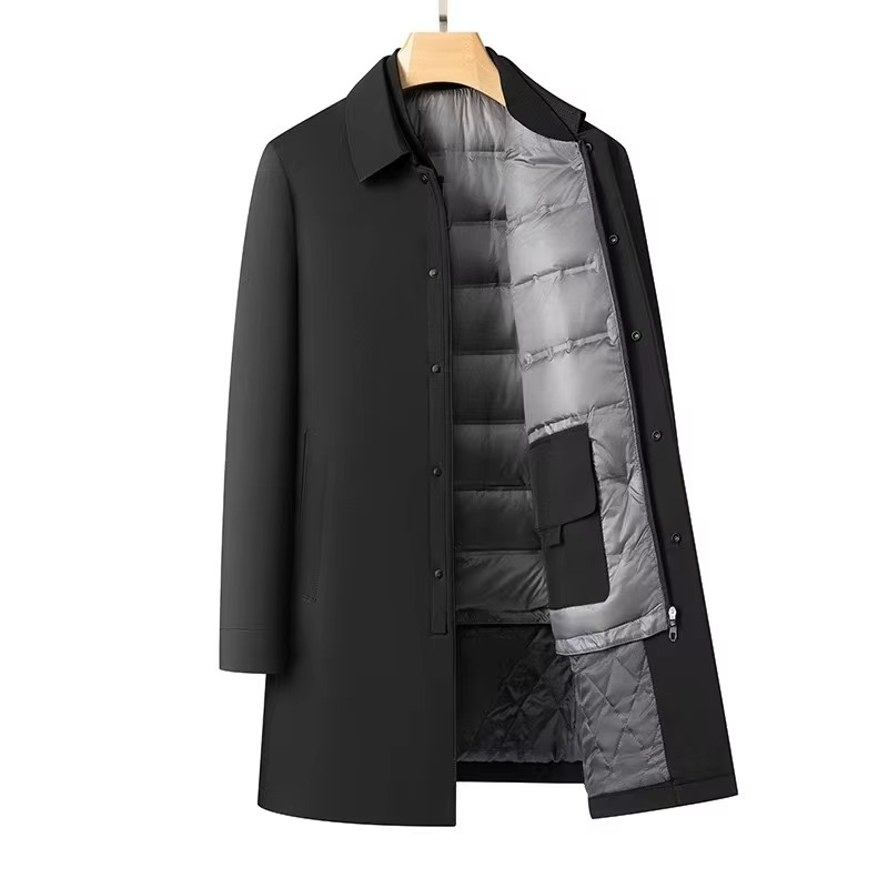 Men's Medium-Length Down Jacket with Plush Lining and Detachable Inner Layer