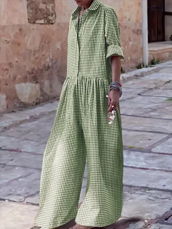 Plaid Wide Leg Lapel Jumpsuit for Women — Effortless Style in One Piece