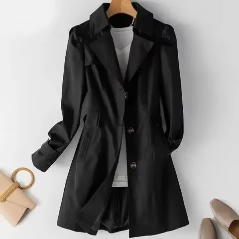 Elegant Mid-Length Trench Coat for Women, Slim Fit Single-Breasted Jacket with Turn-Down Collar