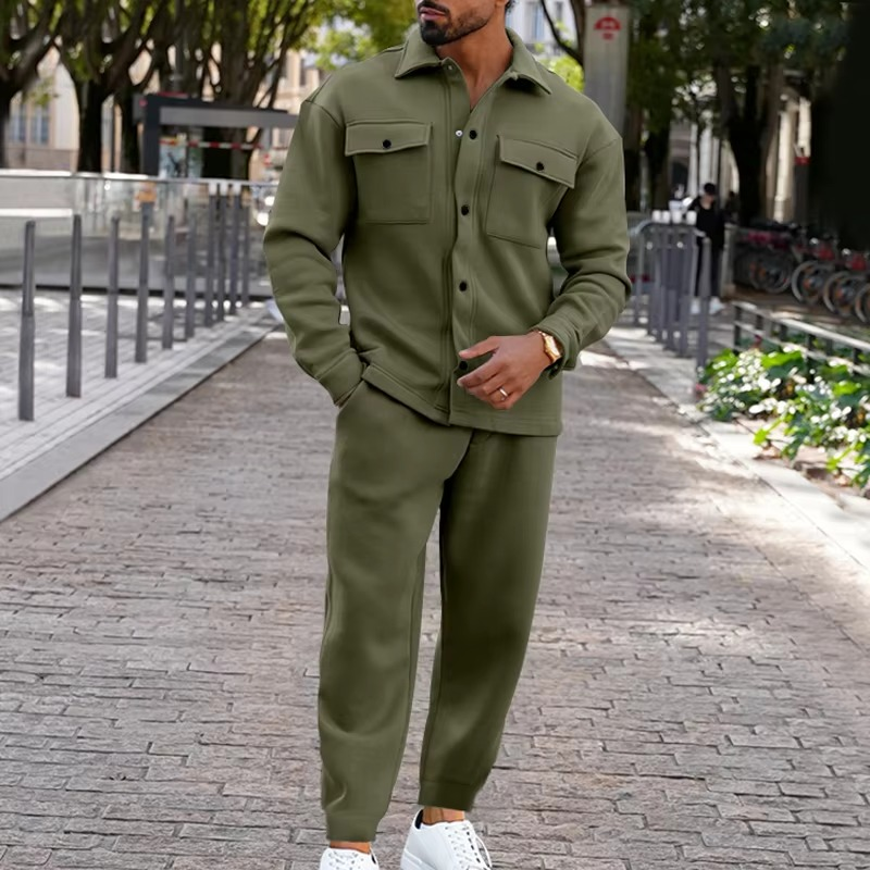 Men's Autumn Winter Suede Cargo Jacket and Pants 2-piece Set with Multi-pocket Design