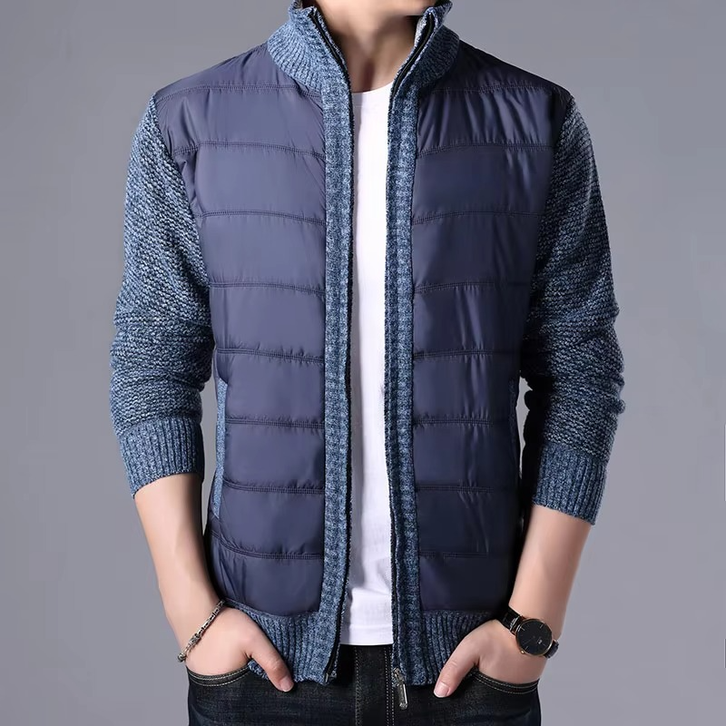 Men's Thick Knit Winter Cardigan Sweater Coat, Patchwork Warm Slim Fit Outerwear