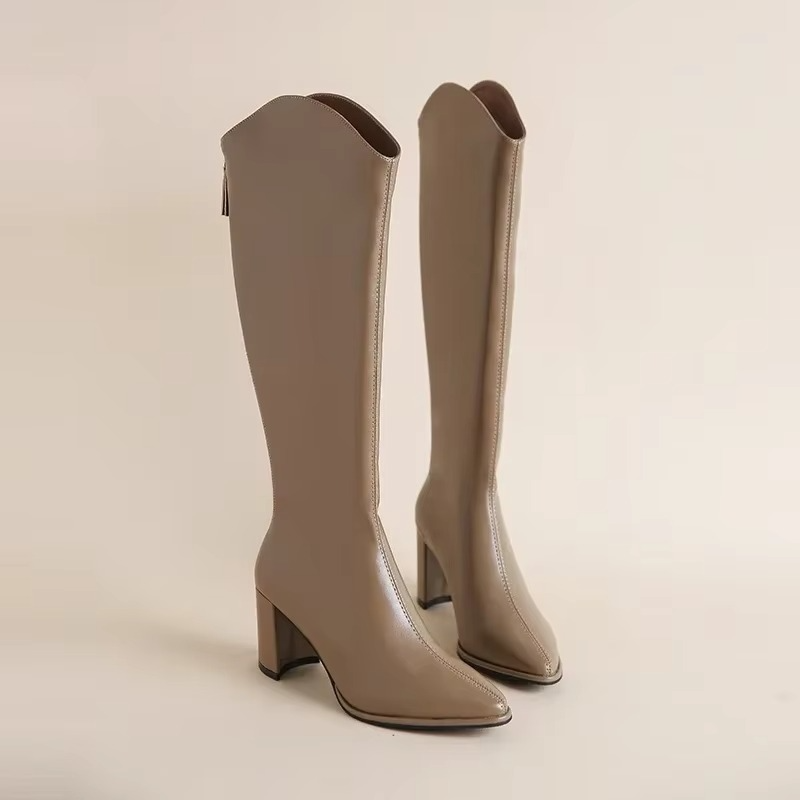 Plus Size Knee High Boots for Women with Thick High Heels and Side Zipper