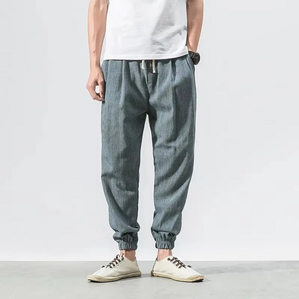 Men's Cotton Linen Casual Pants, Relaxed Fit Harem Trousers with Cuffed Ankle