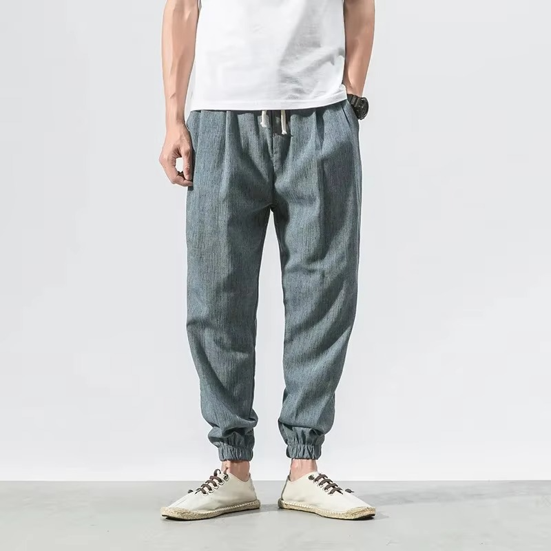 Men's Cotton Linen Casual Pants, Relaxed Fit Harem Trousers with Cuffed Ankle